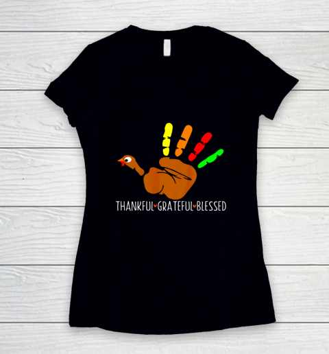 Thanksgiving Shirt Turkey Hand Print Funny Thanksgiving Day Women's V-Neck T-Shirt