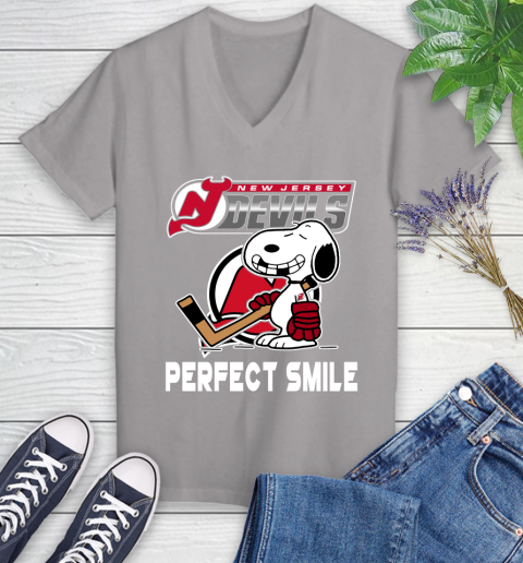 NHL New Jersey Devils Snoopy Perfect Smile The Peanuts Movie Hockey T Shirt Women's V-Neck T-Shirt 4