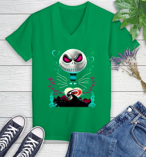 NHL Carolina Hurricanes Jack Skellington Sally The Nightmare Before Christmas Hockey T Shirt Women's V-Neck T-Shirt 5