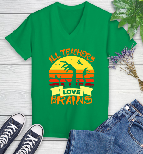 Halloween All Teachers Love Brains Sunset Women's V-Neck T-Shirt 5