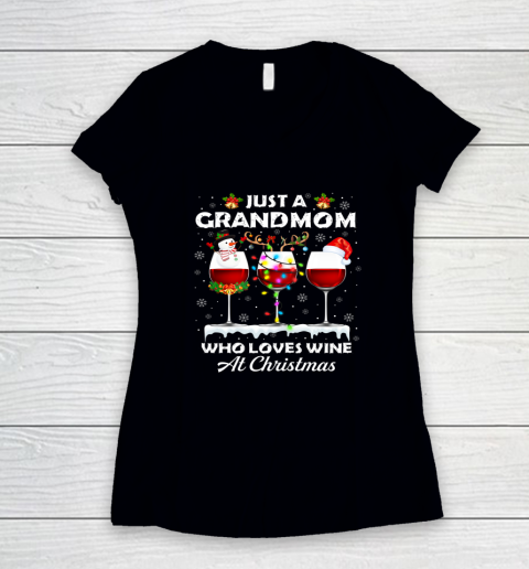 Just A Grandmom Who Loves Wine Christmas Pajama Matching Women's V-Neck T-Shirt