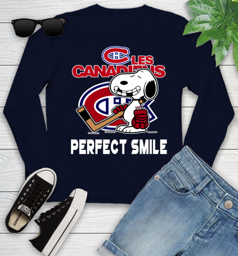 NHL Montreal Canadiens Snoopy Perfect Smile The Peanuts Movie Hockey T Shirt Youth Long Sleeve 2