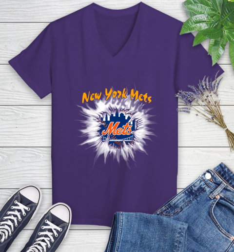 New York Mets MLB Baseball Adoring Fan Rip Sports Women's V-Neck T-Shirt 3