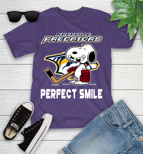 NHL Nashville Predators Snoopy Perfect Smile The Peanuts Movie Hockey T Shirt Youth T-Shirt - Image 4