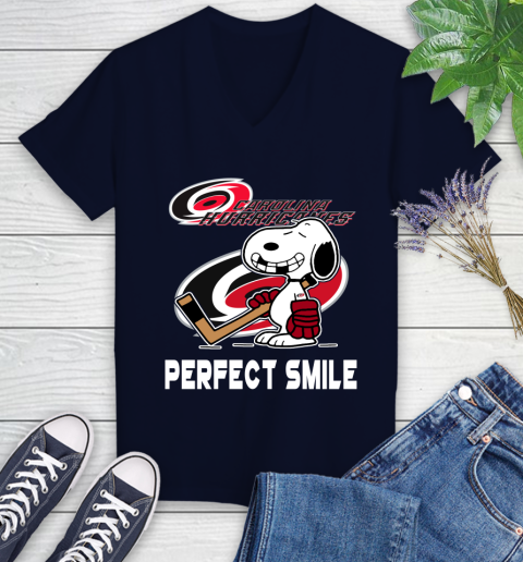 NHL Carolina Hurricanes Snoopy Perfect Smile The Peanuts Movie Hockey T Shirt Women's V-Neck T-Shirt 2