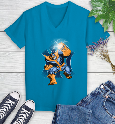 New York Yankees MLB Baseball Thanos Avengers Infinity War Marvel Women's V-Neck T-Shirt 7