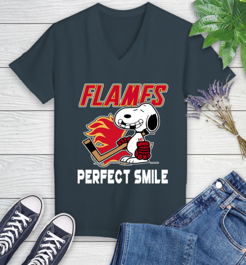 NHL Calgary Flames Snoopy Perfect Smile The Peanuts Movie Hockey T Shirt Women's V-Neck T-Shirt 8