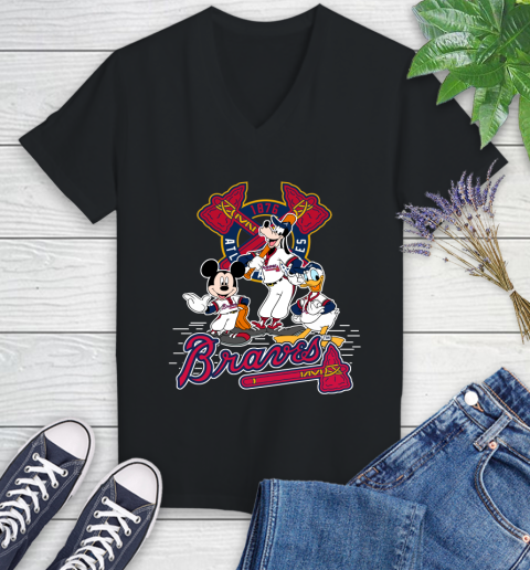 MLB Atlanta Braves Mickey Mouse Donald Duck Goofy Baseball T Shirt Women's V-Neck T-Shirt