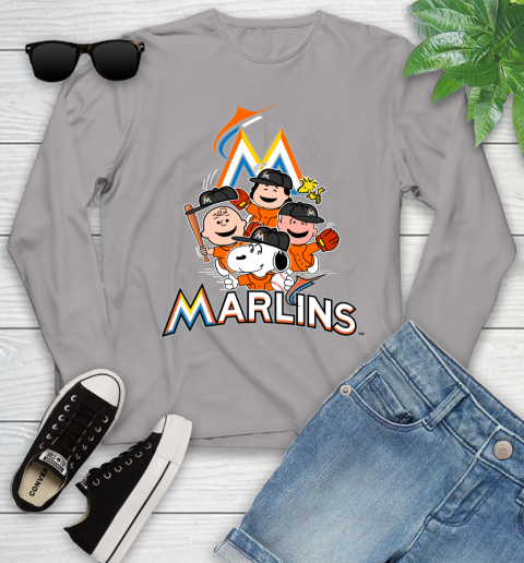 MLB Miami Marlins Snoopy Charlie Brown Woodstock The Peanuts Movie Baseball T Shirt Youth Long Sleeve 5