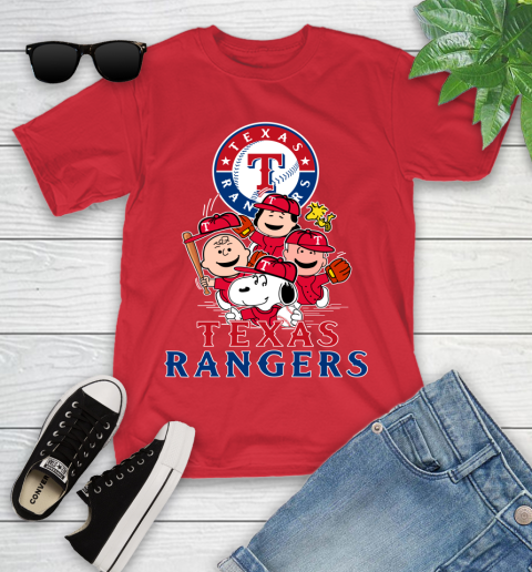 MLB Texas Rangers Snoopy Charlie Brown Woodstock The Peanuts Movie Baseball T Shirt Youth T-Shirt 13