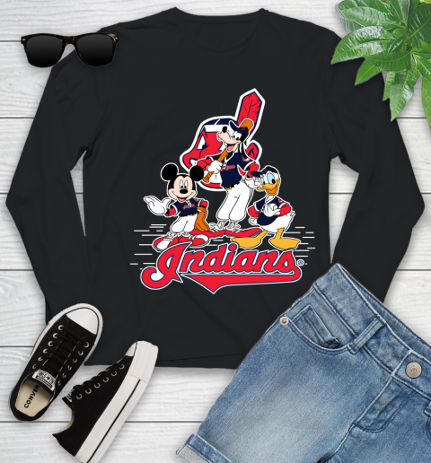MLB Cleveland Indians Mickey Mouse Donald Duck Goofy Baseball T Shirt Youth Long Sleeve