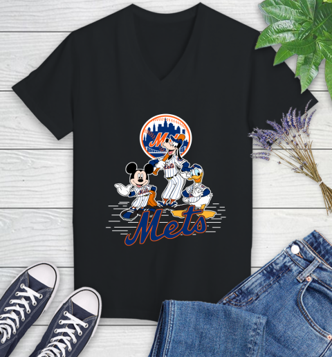 MLB New York Mets Mickey Mouse Donald Duck Goofy Baseball T Shirt Women's V-Neck T-Shirt