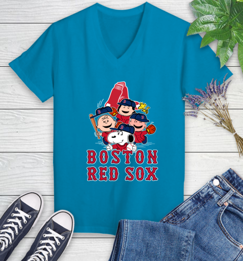 MLB Boston Red Sox Snoopy Charlie Brown Woodstock The Peanuts Movie Baseball T Shirt Women's V-Neck T-Shirt 7
