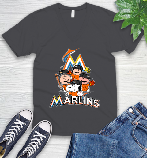 MLB Miami Marlins Snoopy Charlie Brown Woodstock The Peanuts Movie Baseball T Shirt V-Neck T-Shirt 4