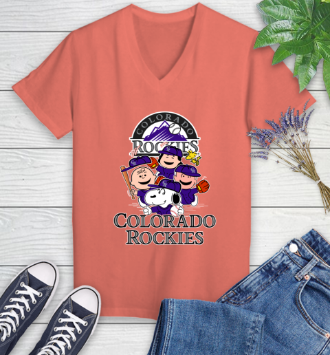 MLB Colorado Rockies Snoopy Charlie Brown Woodstock The Peanuts Movie Baseball T Shirt_000 Women's V-Neck T-Shirt 6