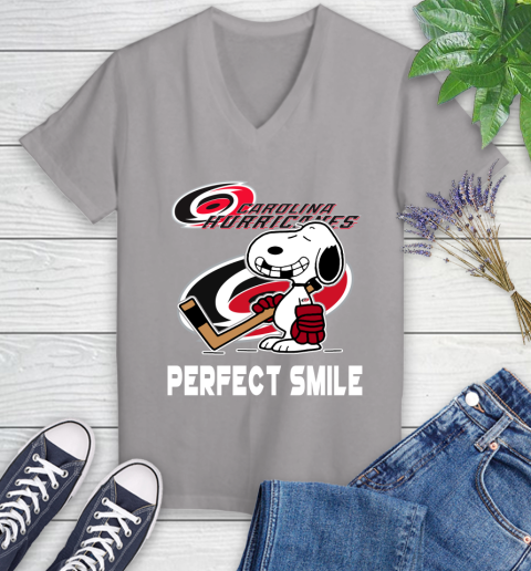 NHL Carolina Hurricanes Snoopy Perfect Smile The Peanuts Movie Hockey T Shirt Women's V-Neck T-Shirt 4