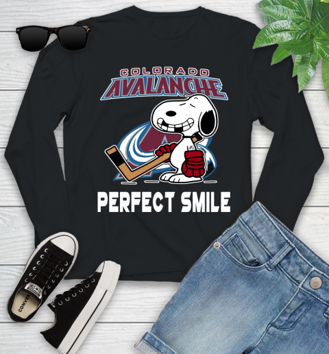 NHL Colorado Avalanche Snoopy Perfect Smile The Peanuts Movie Hockey T Shirt Youth Long Sleeve