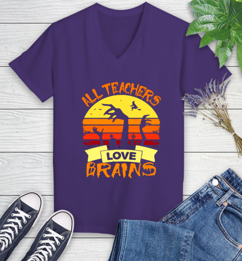 Halloween All Teachers Love Brains Sunset Women's V-Neck T-Shirt 3