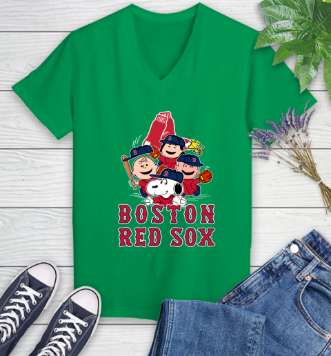 MLB Boston Red Sox Snoopy Charlie Brown Woodstock The Peanuts Movie Baseball T Shirt Women's V-Neck T-Shirt 5