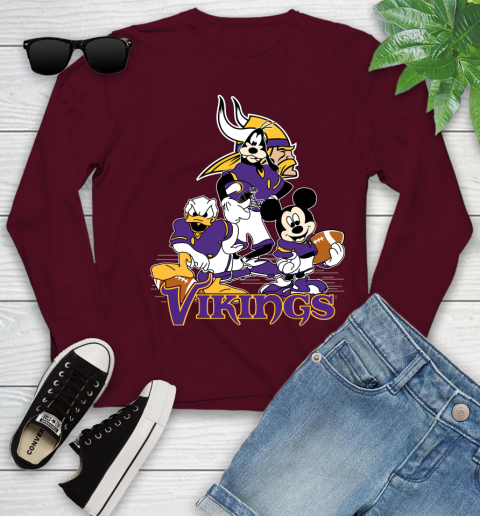 NFL Minnesota Vikings Mickey Mouse Donald Duck Goofy Football Shirt Youth Long Sleeve 6