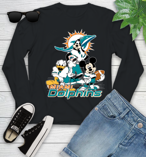 NFL Miami Dolphins Mickey Mouse Donald Duck Goofy Football Shirt Youth Long Sleeve