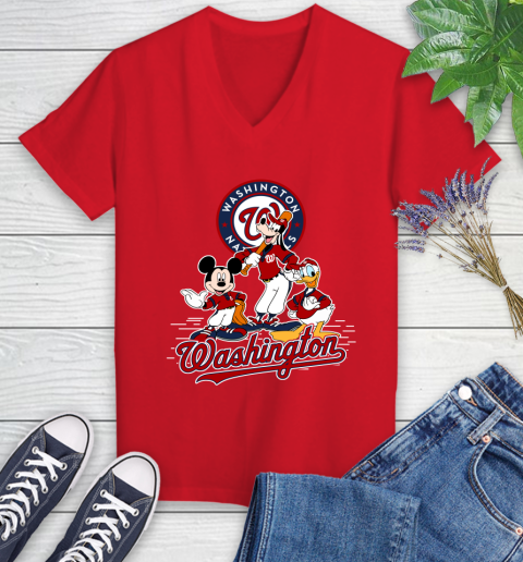 MLB Washington Nationals Mickey Mouse Donald Duck Goofy Baseball T Shirt Women's V-Neck T-Shirt 11