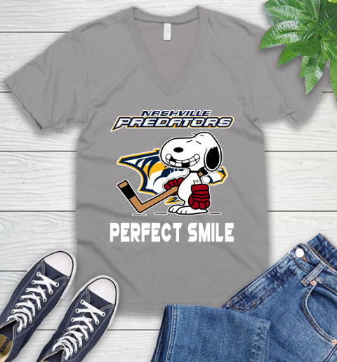 NHL Nashville Predators Snoopy Perfect Smile The Peanuts Movie Hockey T Shirt V-Neck T-Shirt 3