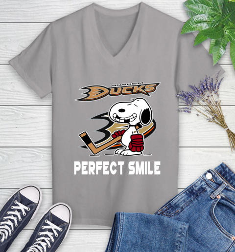 NHL Anaheim Ducks Snoopy Perfect Smile The Peanuts Movie Hockey T Shirt Women's V-Neck T-Shirt 4