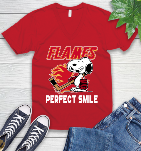 NHL Calgary Flames Snoopy Perfect Smile The Peanuts Movie Hockey T Shirt V-Neck T-Shirt 6