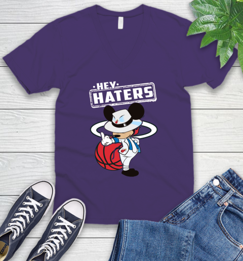 NBA Hey Haters Mickey Basketball Sports Miami Heat V-Neck T-Shirt 9