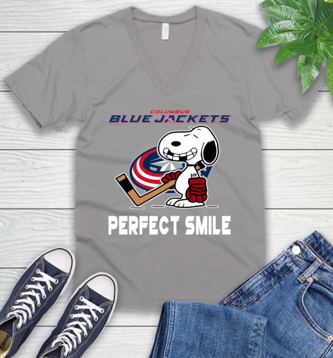 NHL Columbus Blue Jackets Snoopy Perfect Smile The Peanuts Movie Hockey T Shirt V-Neck T-Shirt 3