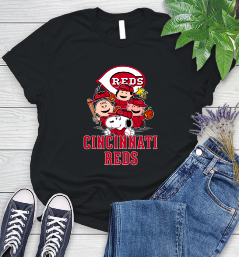 MLB Cincinnati Reds Snoopy Charlie Brown Woodstock The Peanuts Movie Baseball T Shirt_000 Women's T-Shirt