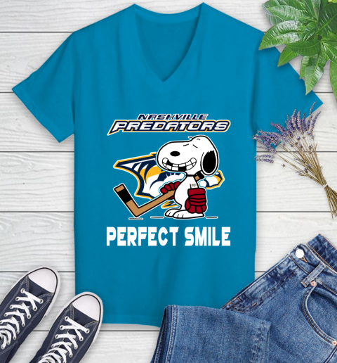 NHL Nashville Predators Snoopy Perfect Smile The Peanuts Movie Hockey T Shirt Women's V-Neck T-Shirt 7