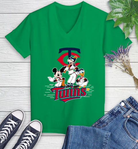 MLB Minnesota Twins Mickey Mouse Donald Duck Goofy Baseball T Shirt Women's V-Neck T-Shirt 5
