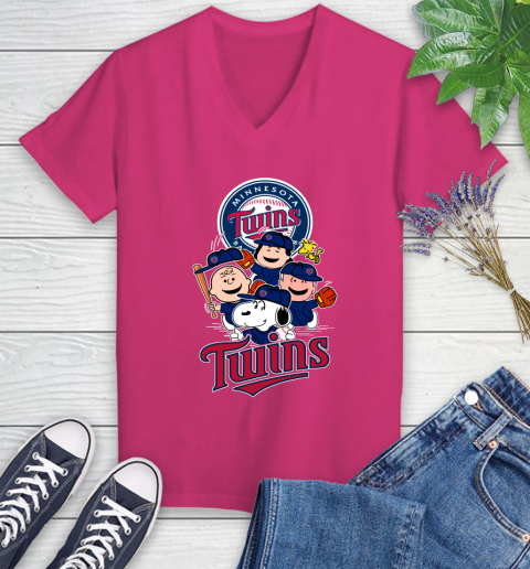 MLB Minnesota Twins Snoopy Charlie Brown Woodstock The Peanuts Movie Baseball T Shirt_000 Women's V-Neck T-Shirt 9