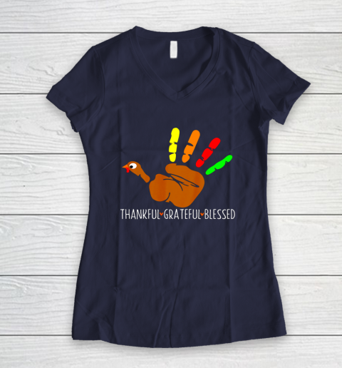 Thanksgiving Shirt Turkey Hand Print Funny Thanksgiving Day Women's V-Neck T-Shirt 7