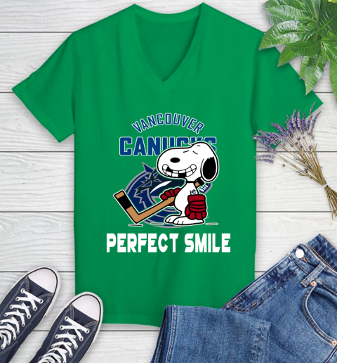 NHL Vancouver Canucks Snoopy Perfect Smile The Peanuts Movie Hockey T Shirt Women's V-Neck T-Shirt 5