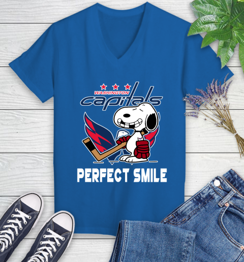 NHL Washington Capitals Snoopy Perfect Smile The Peanuts Movie Hockey T Shirt Women's V-Neck T-Shirt 10