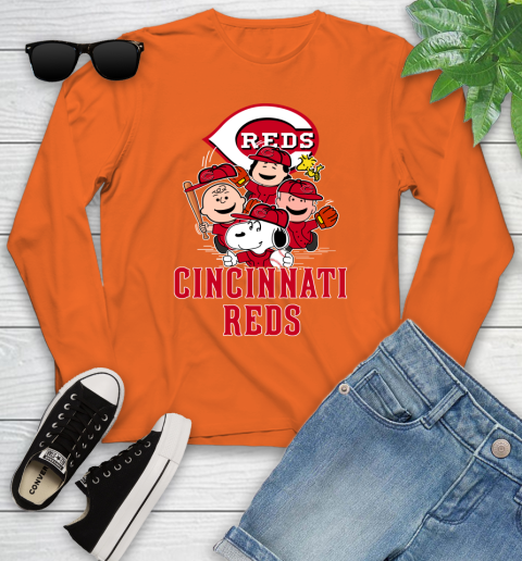 MLB Cincinnati Reds Snoopy Charlie Brown Woodstock The Peanuts Movie Baseball T Shirt_000 Youth Long Sleeve 3