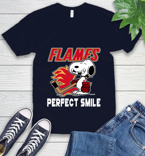 NHL Calgary Flames Snoopy Perfect Smile The Peanuts Movie Hockey T Shirt V-Neck T-Shirt 2