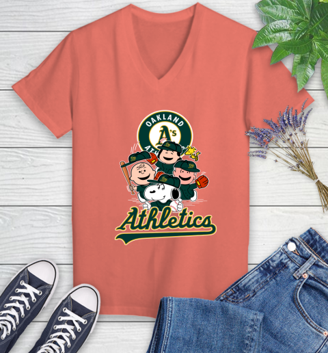 MLB Oakland Athletics Snoopy Charlie Brown Woodstock The Peanuts Movie Baseball T Shirt_000 Women's V-Neck T-Shirt 6