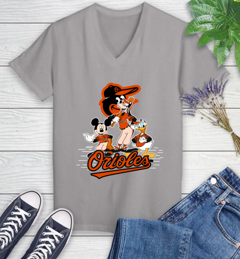 MLB Baltimore Orioles Mickey Mouse Donald Duck Goofy Baseball T Shirt Women's V-Neck T-Shirt 4
