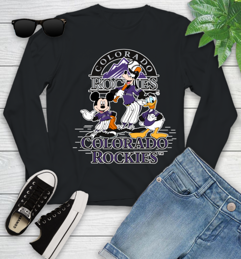MLB Colorado Rockies Mickey Mouse Donald Duck Goofy Baseball T Shirt Youth Long Sleeve