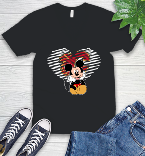NHL Calgary Flames The Heart Mickey Mouse Disney Hockey V-Neck T-Shirt