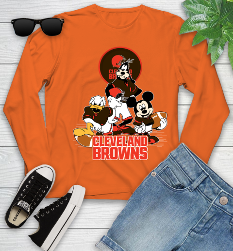 NFL Cleveland Browns Mickey Mouse Donald Duck Goofy Football Shirt Youth Long Sleeve 3