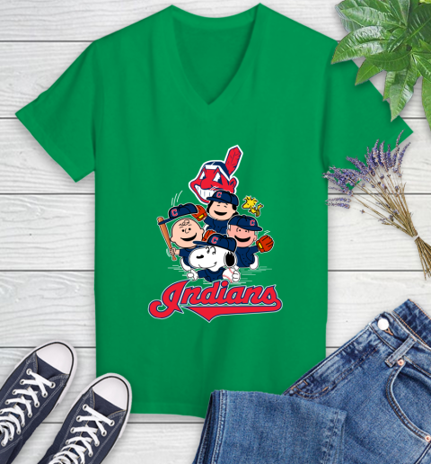 MLB Cleveland Indians Snoopy Charlie Brown Woodstock The Peanuts Movie Baseball T Shirt_000 Women's V-Neck T-Shirt 5