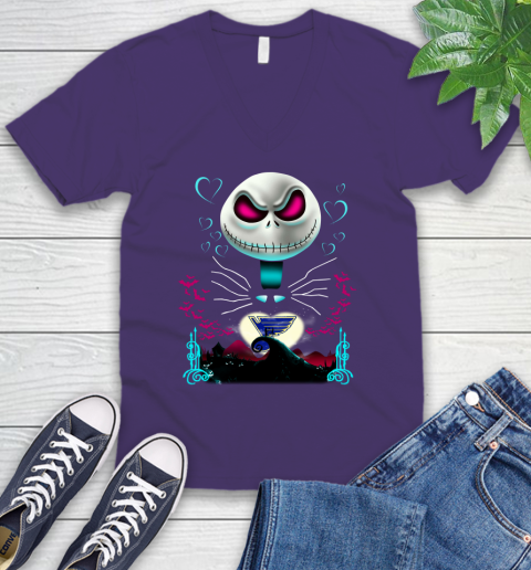 NHL St.Louis Blues Jack Skellington Sally The Nightmare Before Christmas Hockey V-Neck T-Shirt 9
