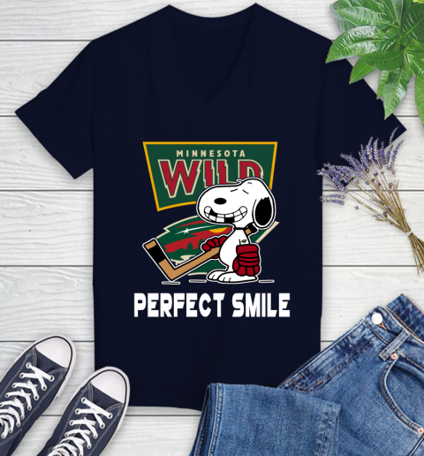 NHL Minnesota Wild Snoopy Perfect Smile The Peanuts Movie Hockey T Shirt Women's V-Neck T-Shirt 2