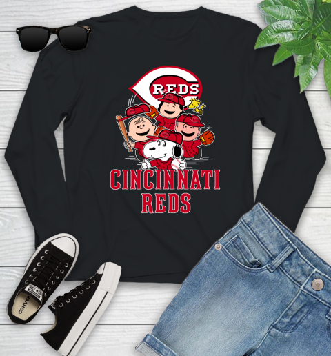 MLB Cincinnati Reds Snoopy Charlie Brown Woodstock The Peanuts Movie Baseball T Shirt_000 Youth Long Sleeve