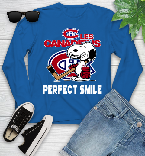 NHL Montreal Canadiens Snoopy Perfect Smile The Peanuts Movie Hockey T Shirt Youth Long Sleeve 10